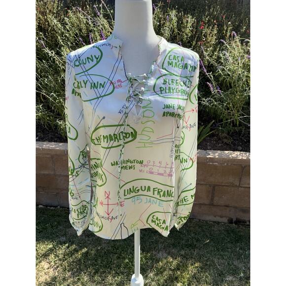 Lingua Franca Blouse S Hudson Graphic Silk Peasant Top New White Green - Picture 1 of 14